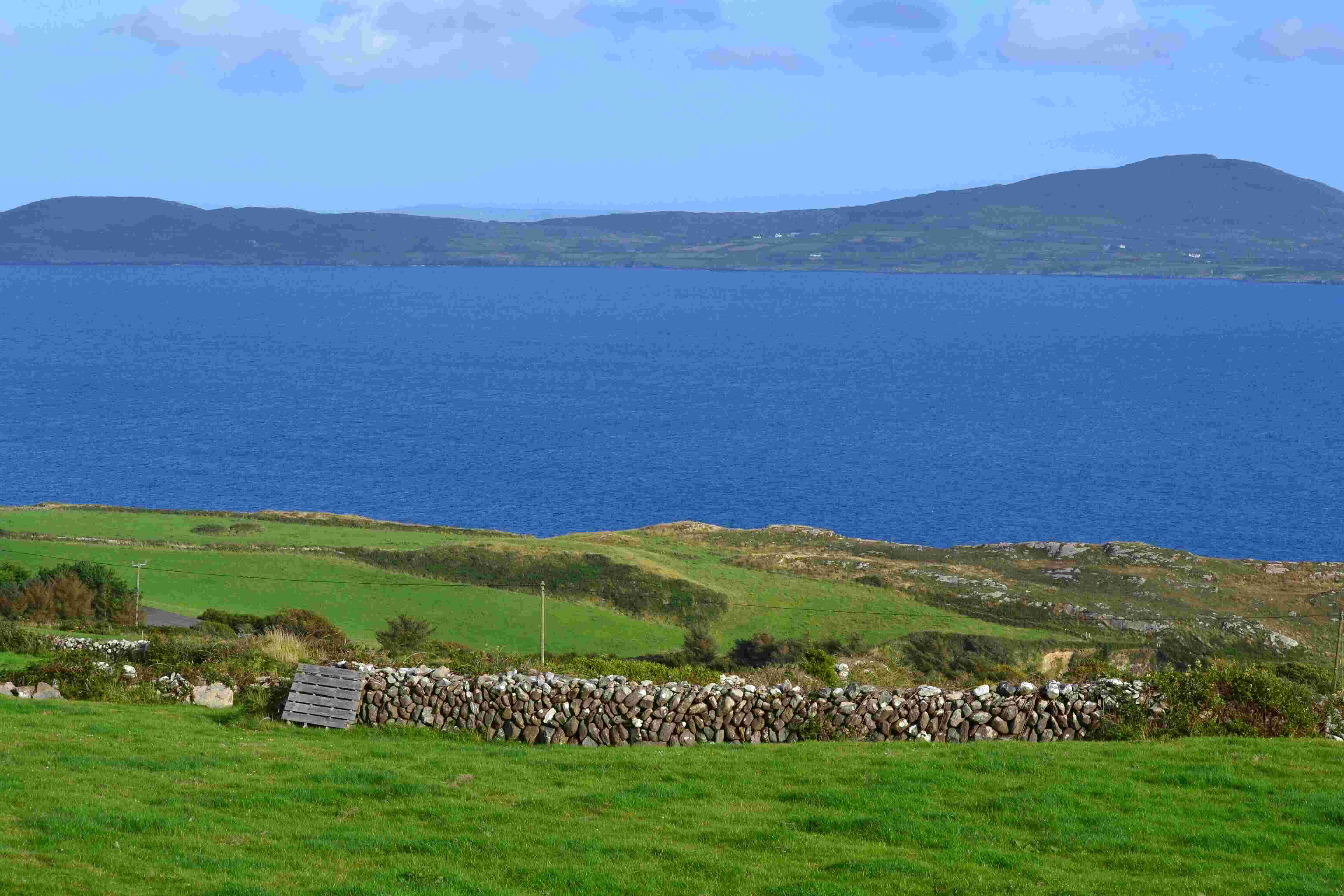 Côte irlandaise : prairies vertes et muret de pierres sèches devant une mer bleue et des collines