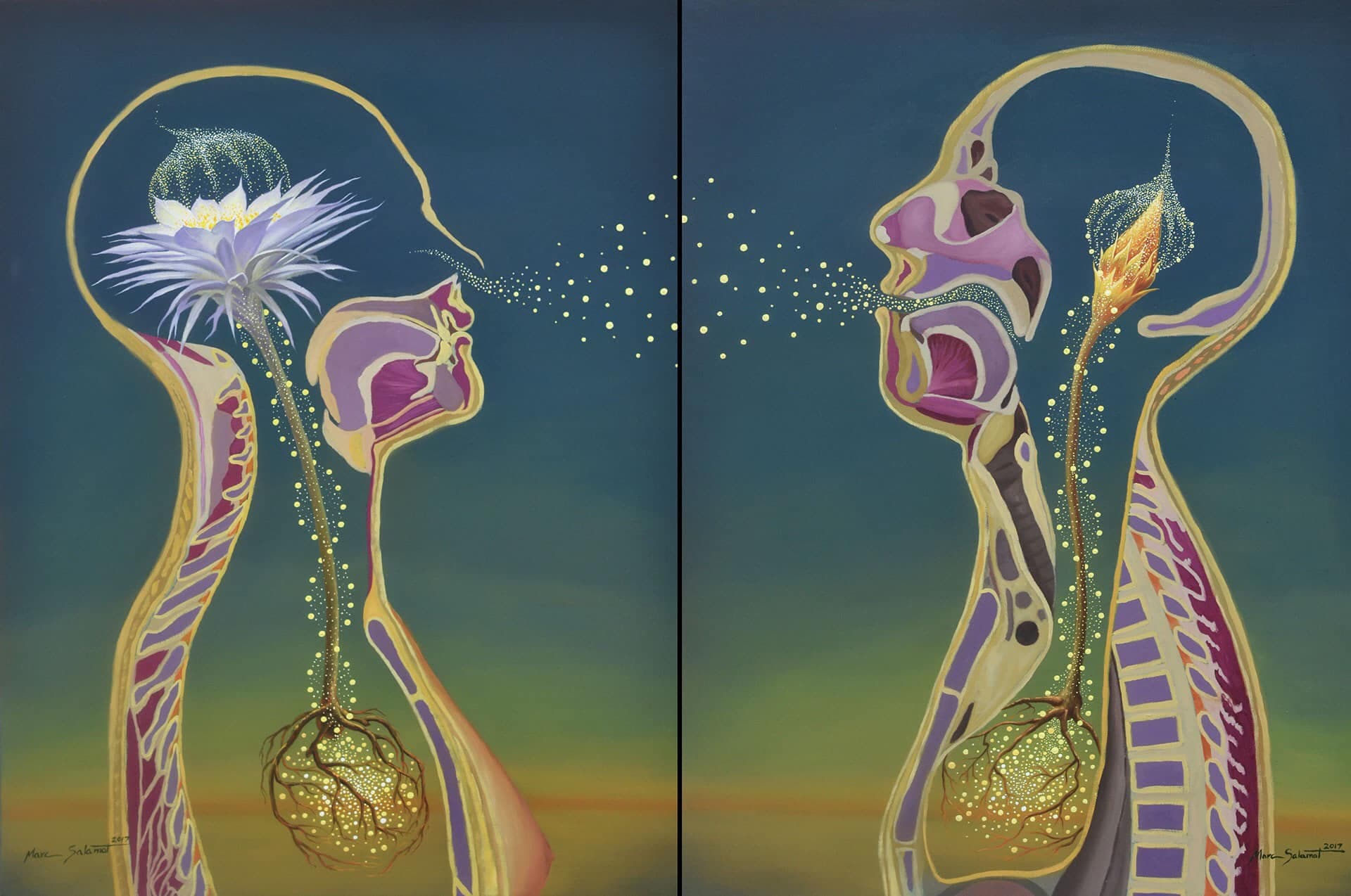 Peinture de deux profils face à face échangeant un souffle lumineux, un lotus et une flamme au cœur de leurs têtes